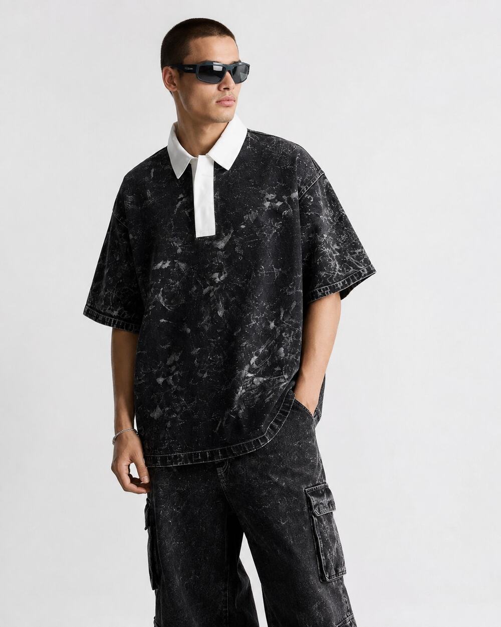 Zara Acid Wash Rugby Polo Shirt Men's XL Oversized Streetwear Goth Grunge Black